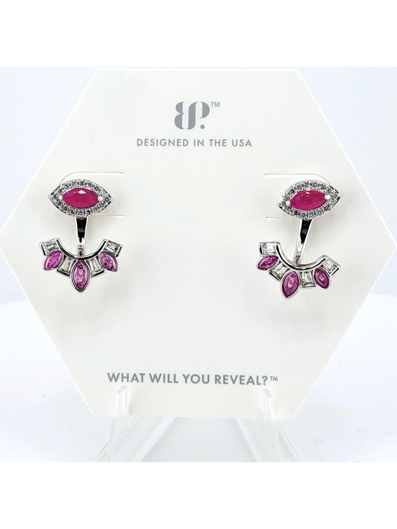 Bomb Party Jacket Earrings "Eye Sea You" Rare Unicorn Pink Sapphire +Quartz